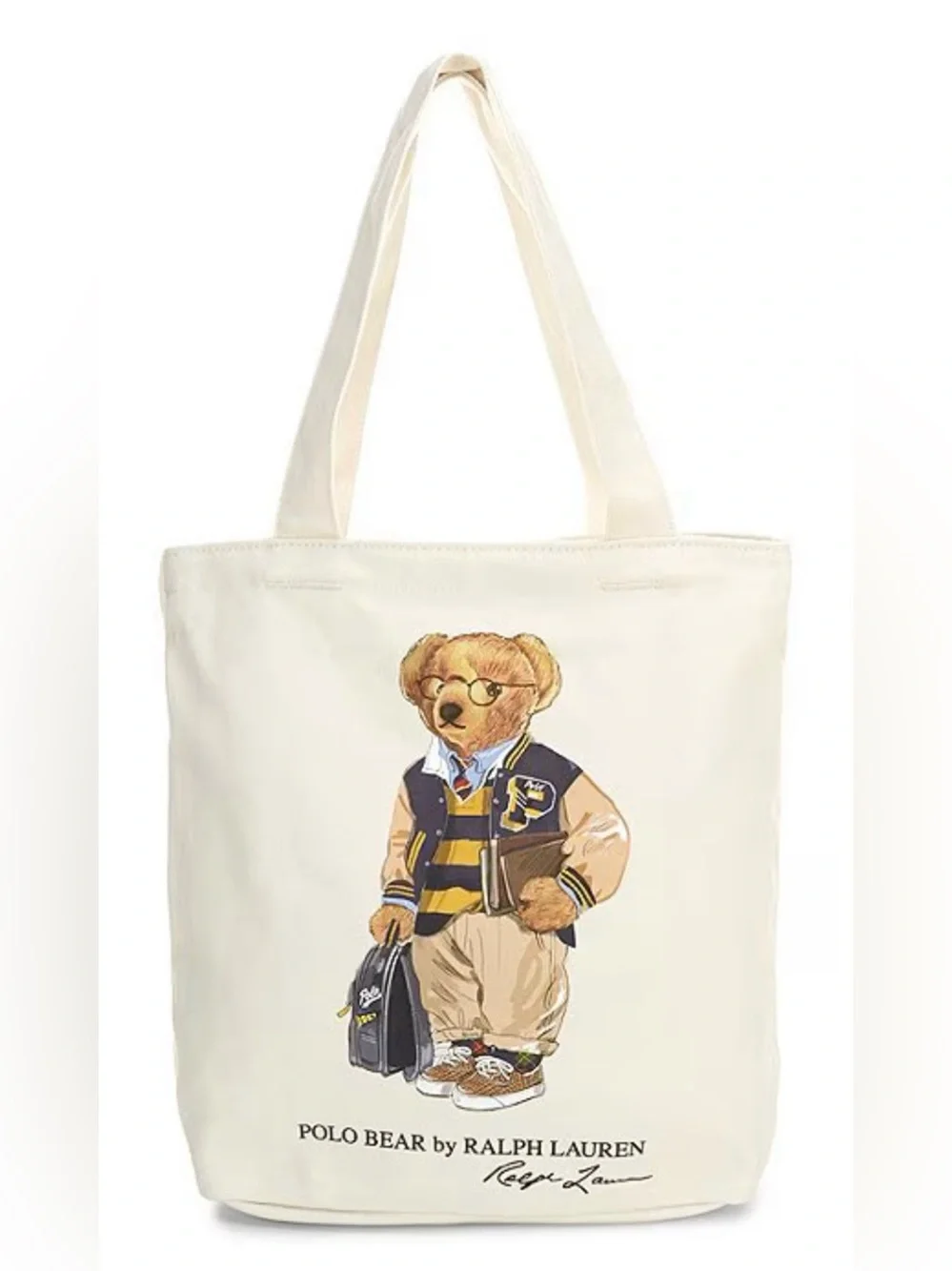 Polo Ralph Lauren Natural BOY BACK TO SCHOOL BEAR 13.0” Canvas Zip Top Tote Bag